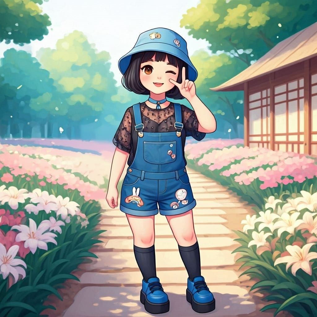 Hyper Kawaii Thai Woman in Denim with Lilies