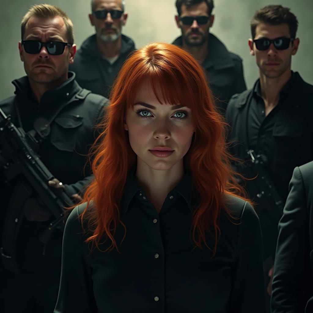 Intrigue: Woman Surrounded by Armed Men