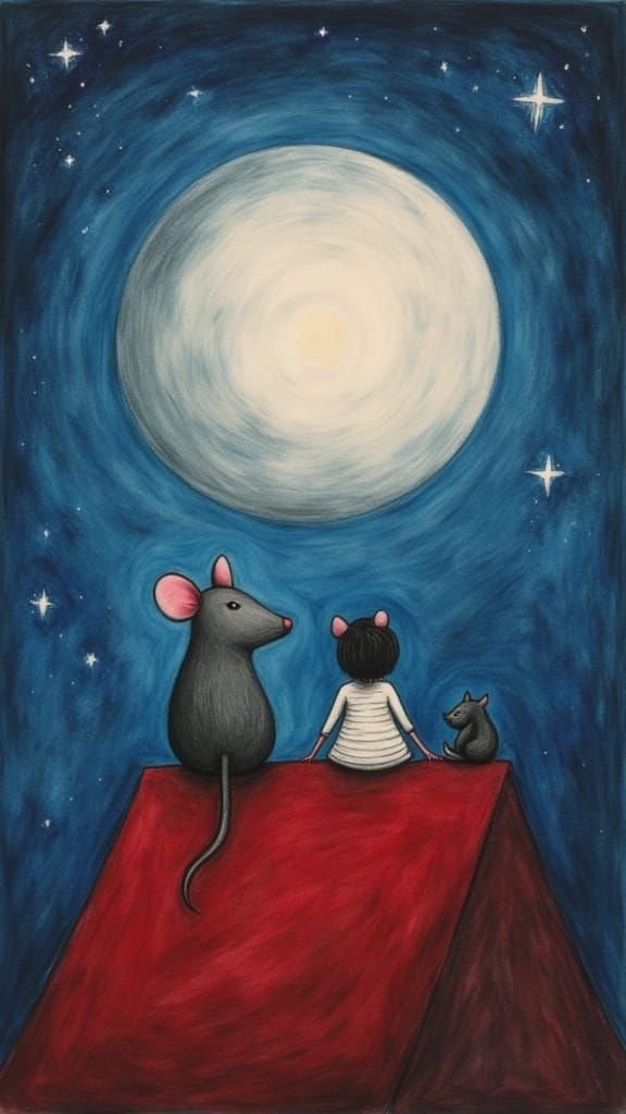 A little mouse and a small girl sitting on red roof with little cat ..