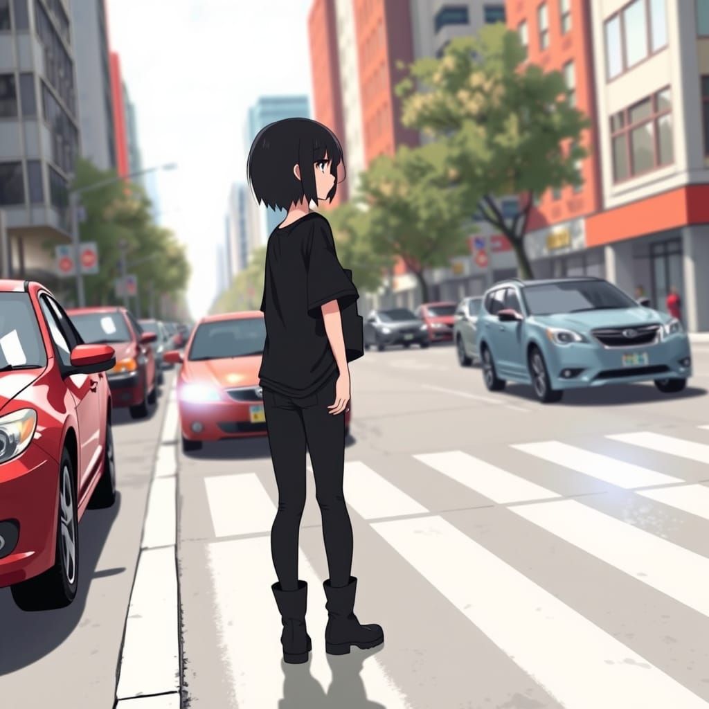 Anime Woman Crossing Street with Evil Cars