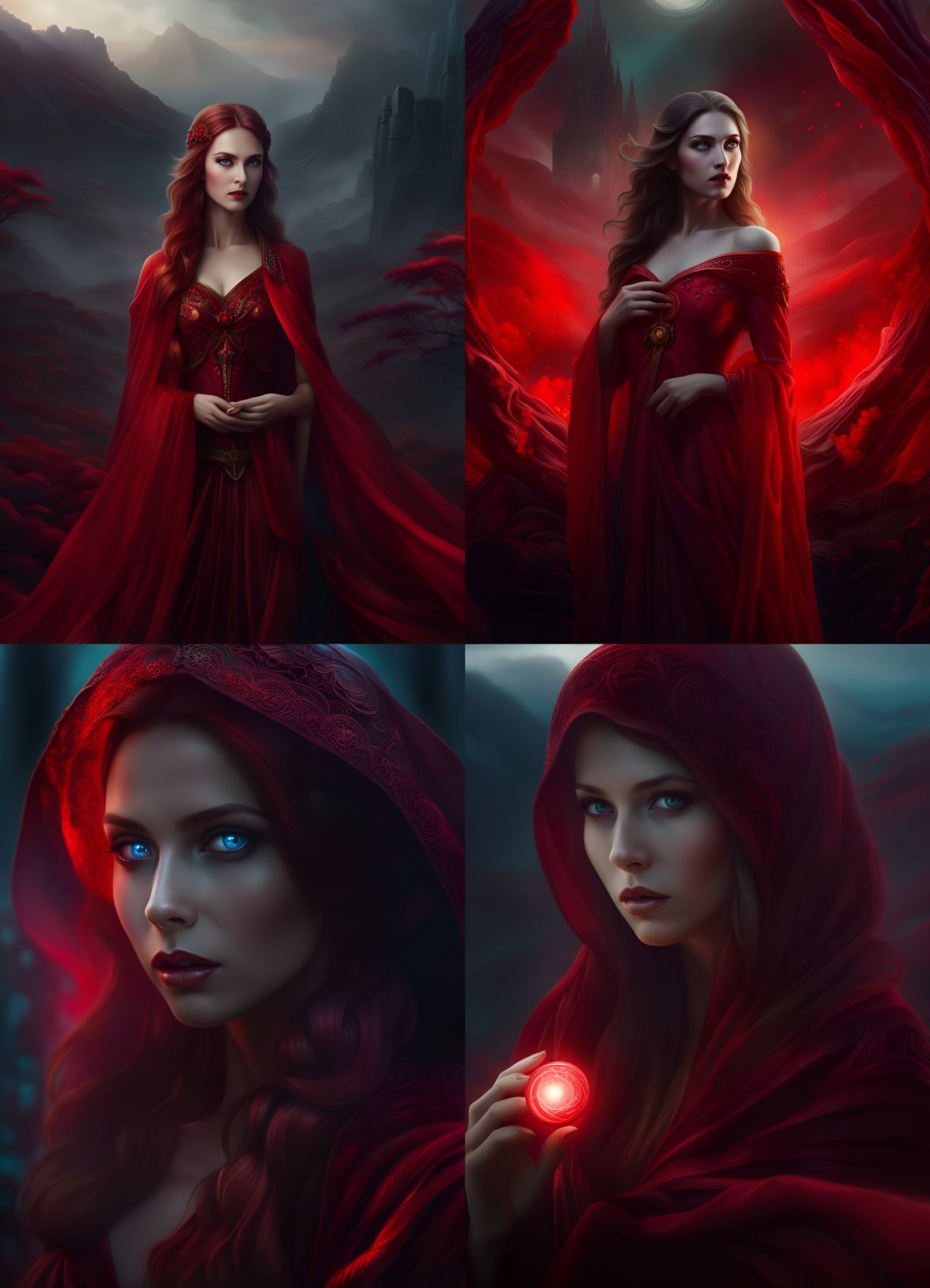 Beautiful Woman in Ethereal, Crimson Holographic Landscape