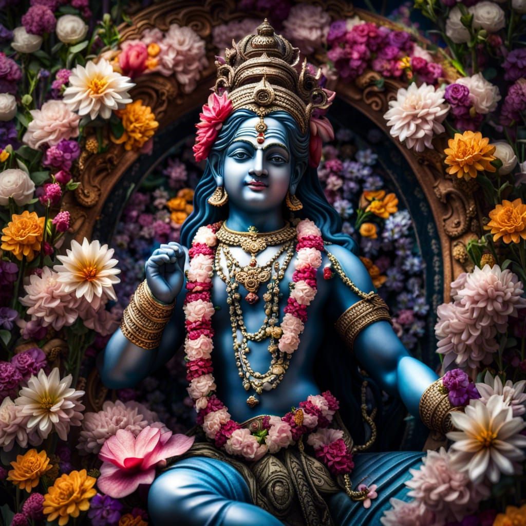 Hyperrealistic Krishna Statue Surrounded by Flowers