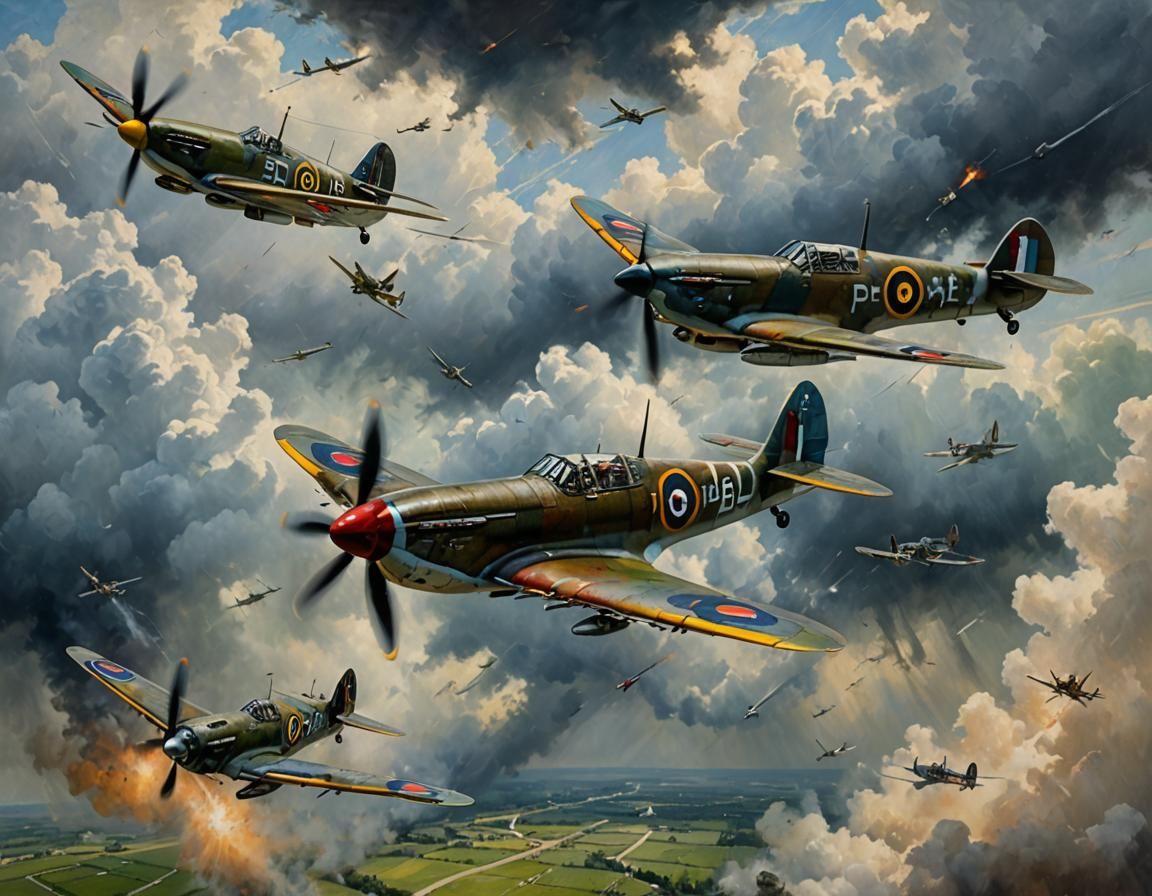 Spitfire and Messerschmidt Dogfight in Oil Painting Style