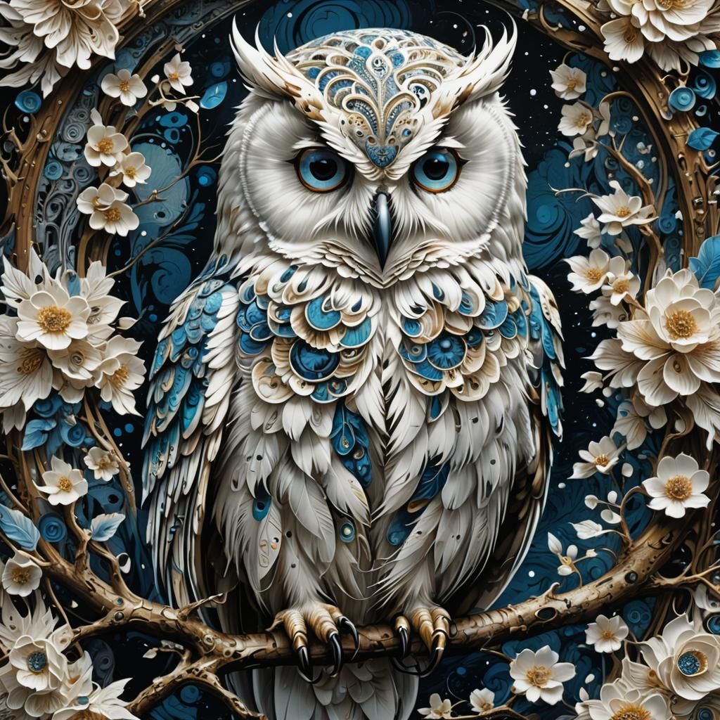 Detailed White Ink Owl with Blue Eyes