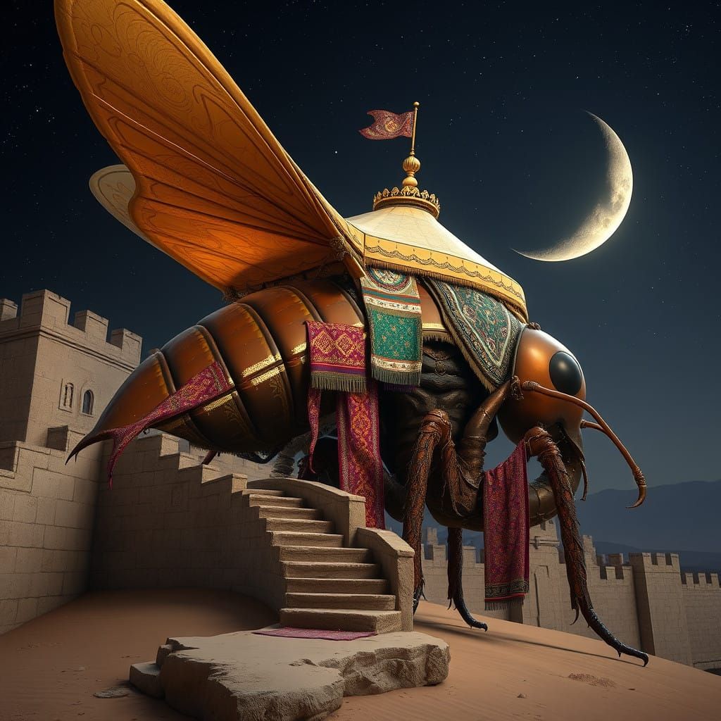 Majestic Colossal Flea Carries Travelers near Stone Staircas...