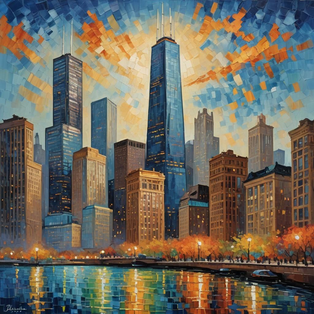 Chicago Skyline Impasto Oil Painting in Post-Impressionism S...