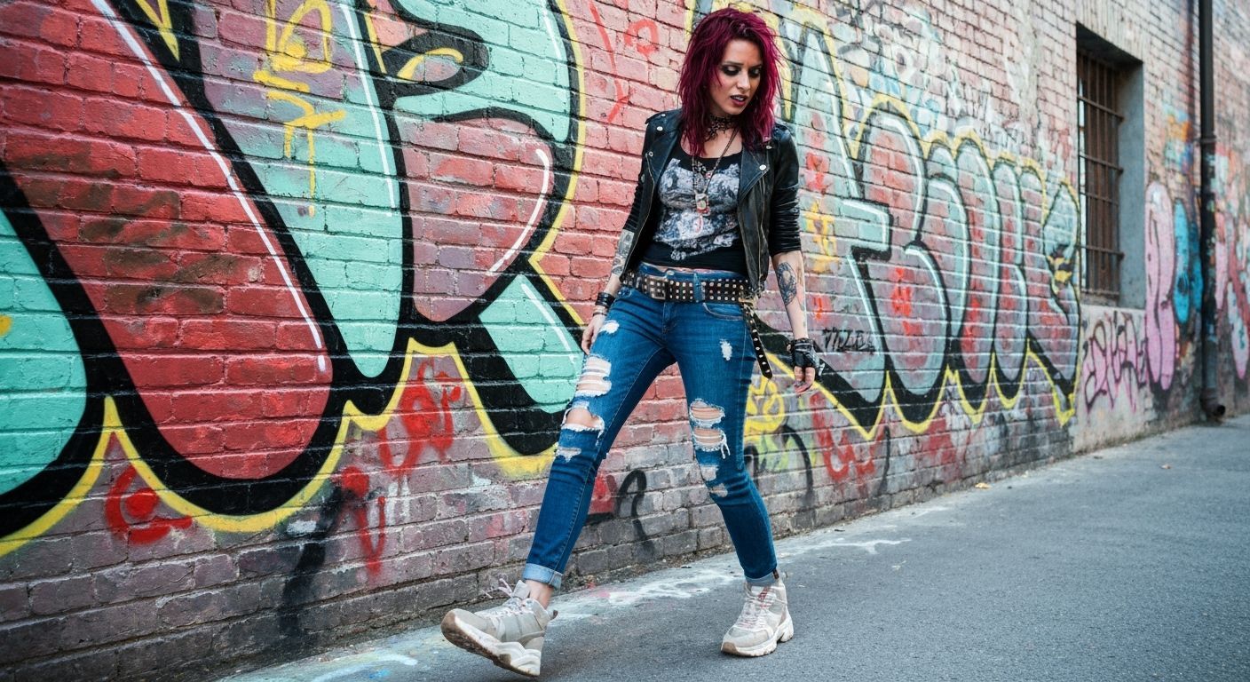 Punk Girl with Studded Belt and Graffiti Wall