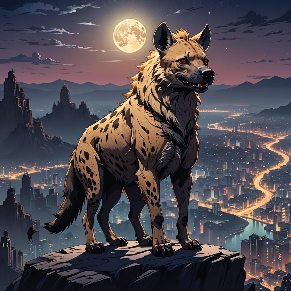 Hyena Demon Overlooking Moonlit City in Anime Style
