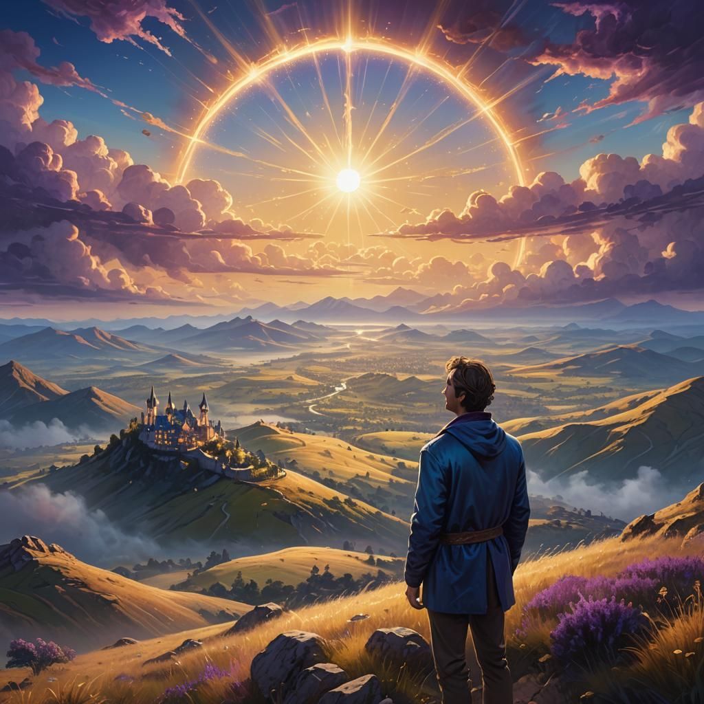 Smiling Figure Overlooking Vast Golden Landscape