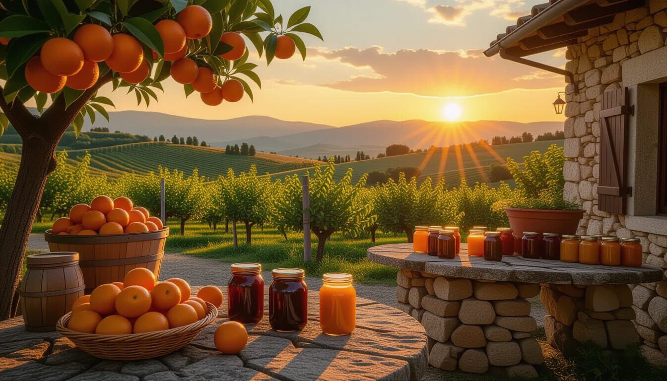Italian Orchard Jam Shop at Sunset in Vintage Style