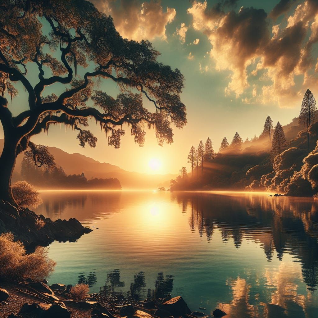 Hyperrealistic Sunset Lake with Majestic Oak Trees
