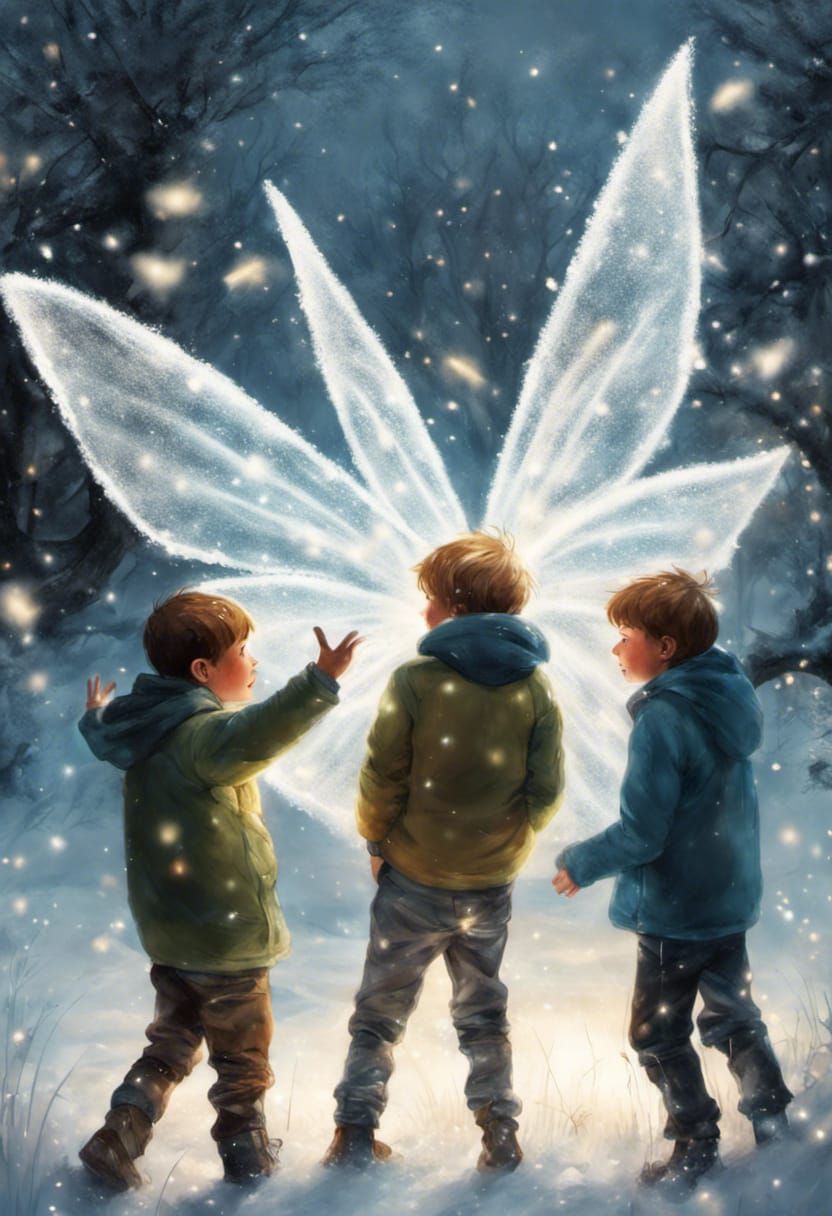 A group of boys gazing up in wonder as snow fairies dance around them, creating a magical display. Luminous. Mixed media...