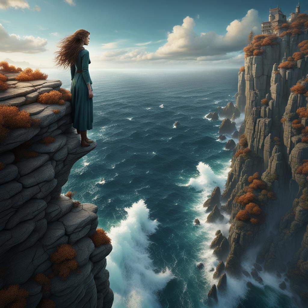 Woman on Cliff: Detailed Matte Painting in Deep Color