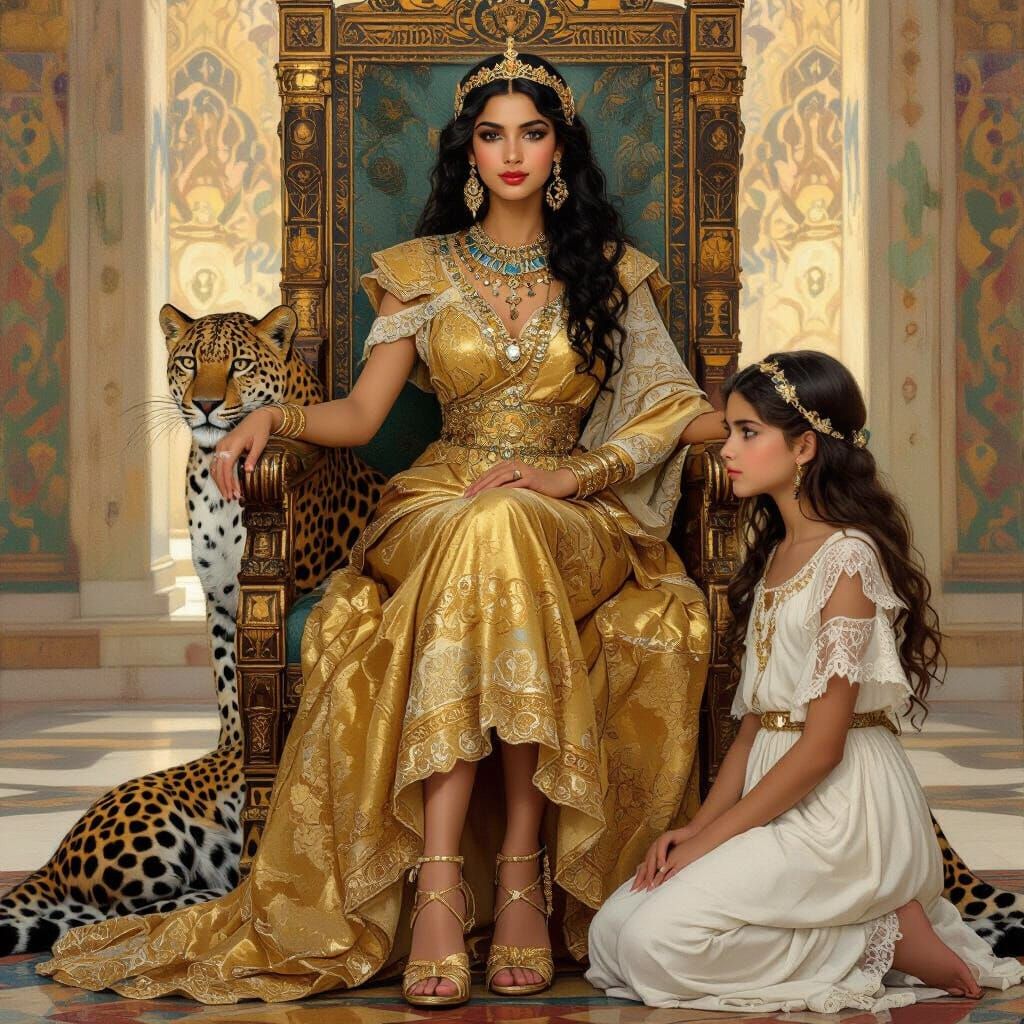 Egyptian Princess with Leopard in Art Nouveau Style