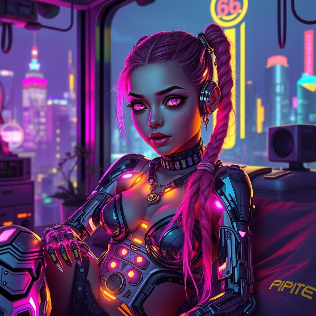 A young cyborg girl, a human-metallic hybrid with glowing cy...