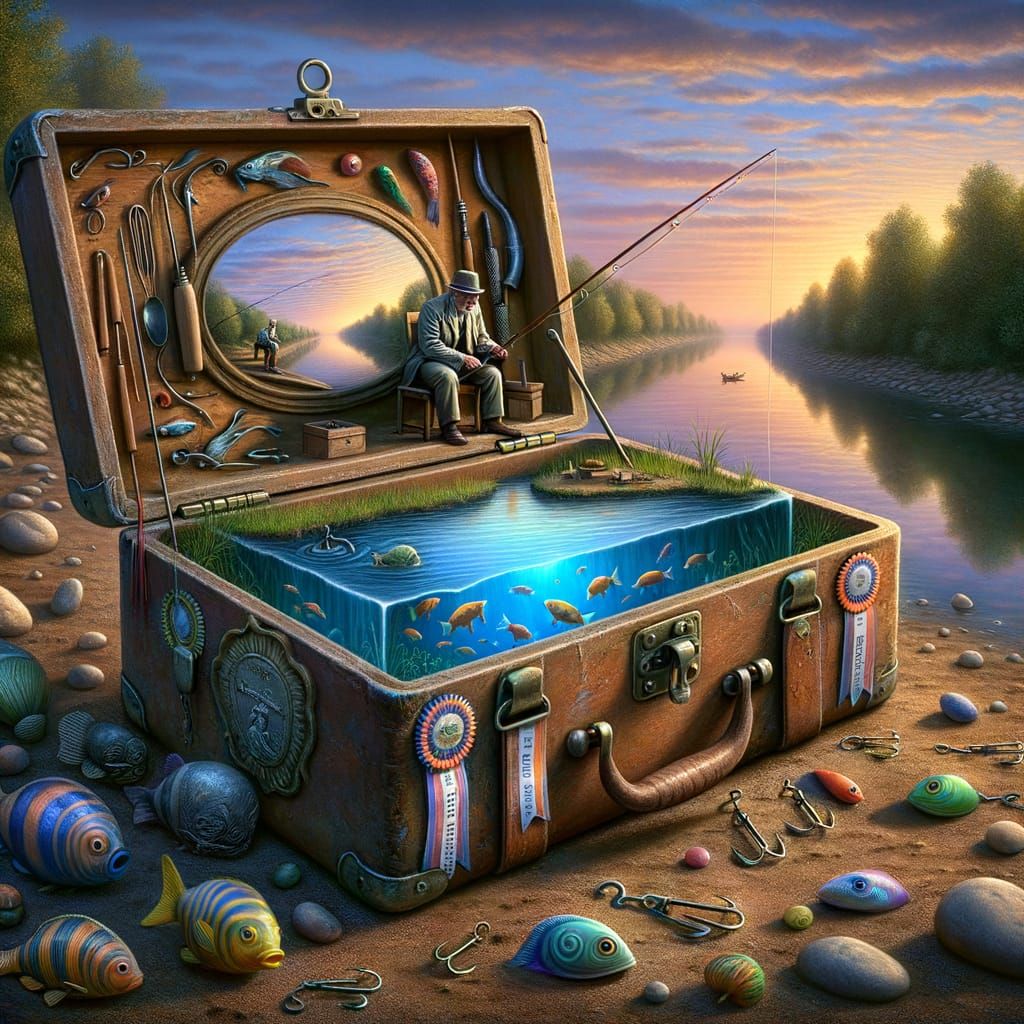 Surrealism in the style of Alex Alemany, a riverbank at sunset, an old open battered, dirty tackle box sitting open near...