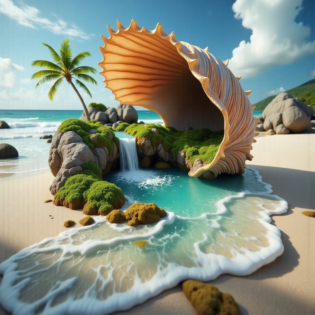 Stunning Seashell Adorned with Vibrant Stripes and Miniature...