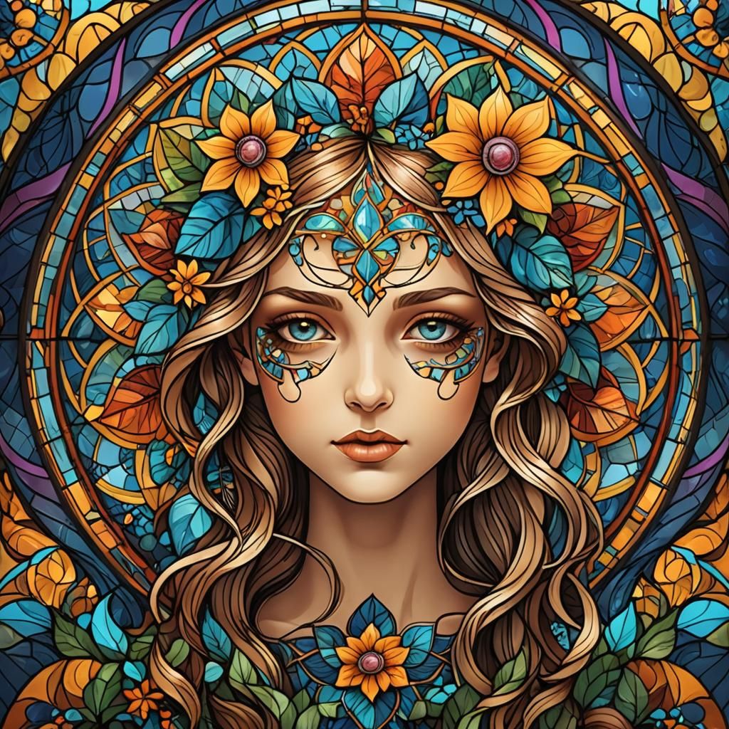 Stained Glass Young Flower Child with Abstract Fractals