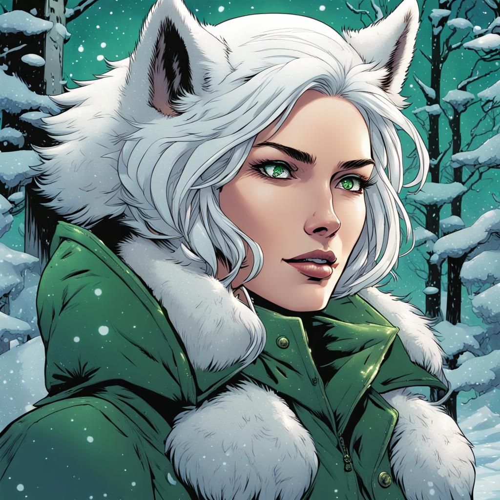 White-Haired Woman with Wolf Ears in Winter Wonderland