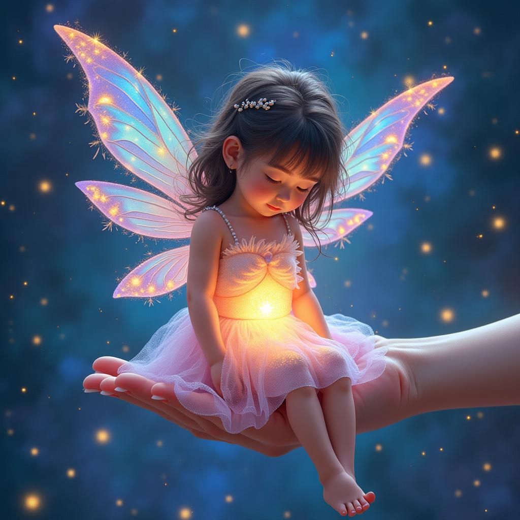 Cosmic Fairy on Hand, Dreamlike Surrealist Art