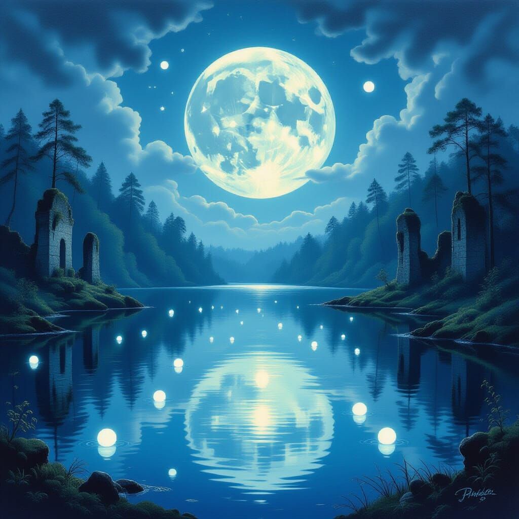Dreamlike Lake Reflects Luminous Moon Over Ancient Forest