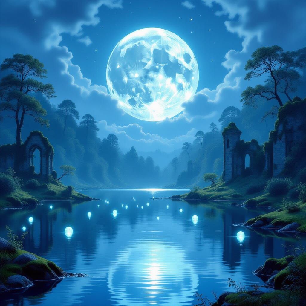 Dreamlike Lunar Lake with Ancient Ruins and Glowing Orbs