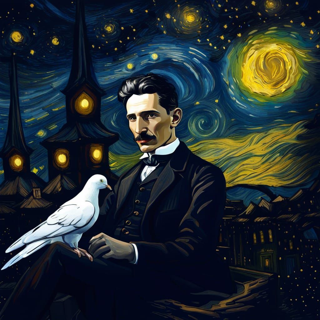 Tesla Poses for Van Gogh in Starry Night Style