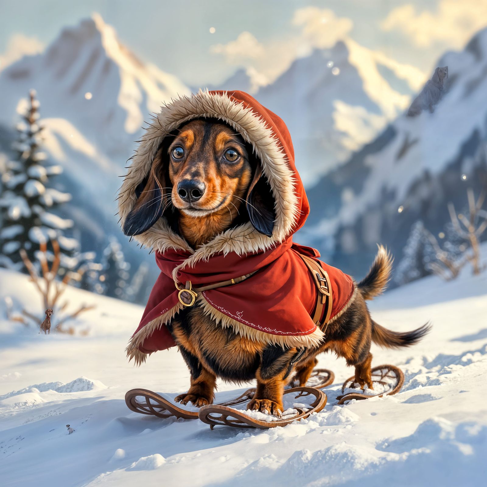 Long-Bodied Dachshund in Snowy Mountains with Fur Cape