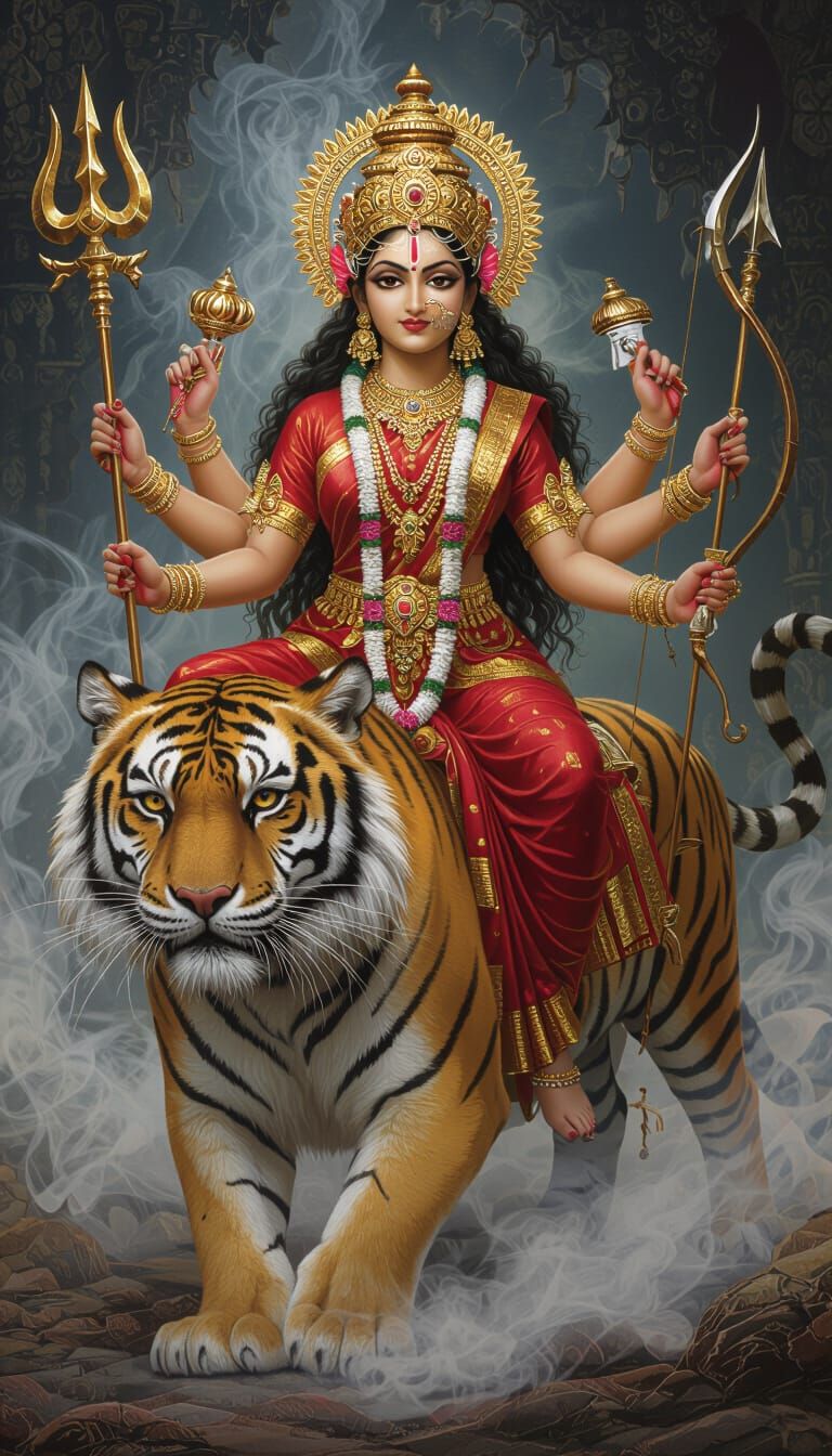 Goddess Durga on Tiger in Divine Ethereal Glow