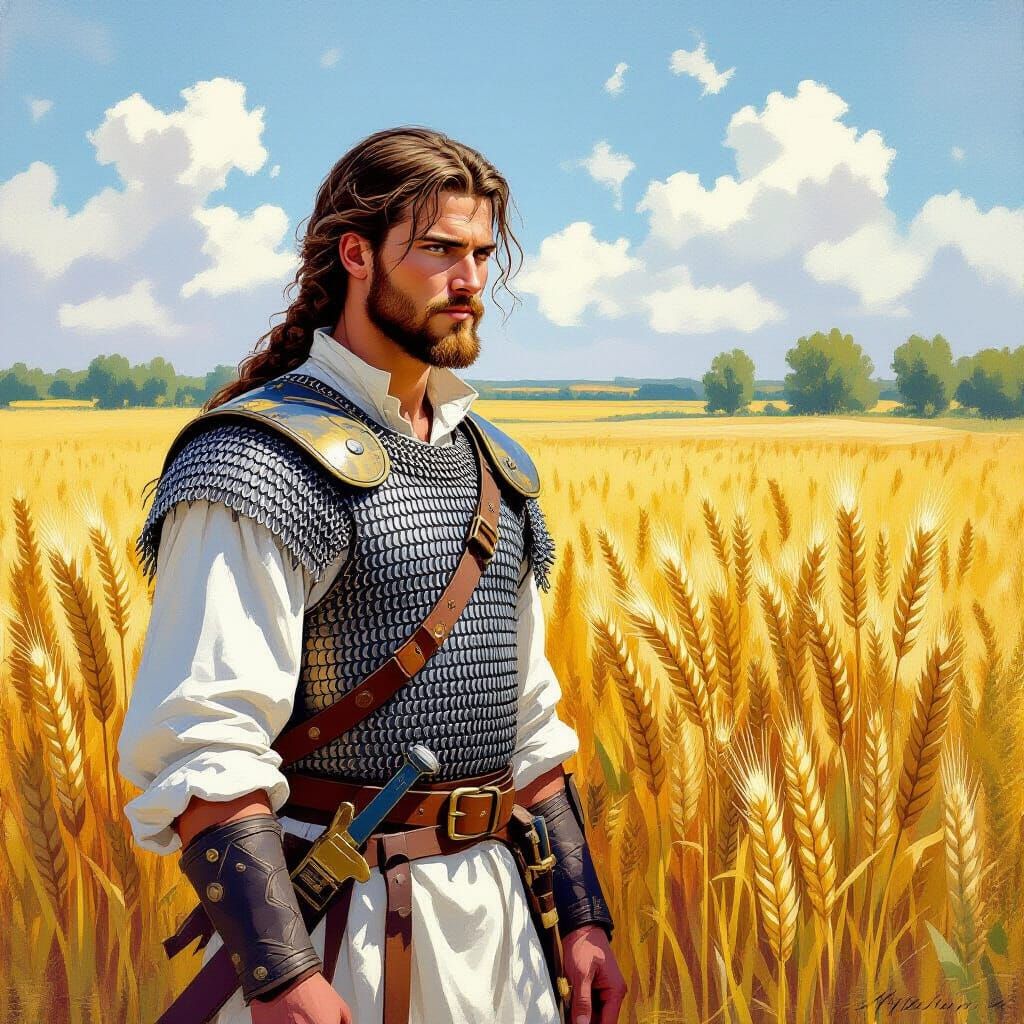 Russian Warrior in Rye Field, Anime Gouache Style