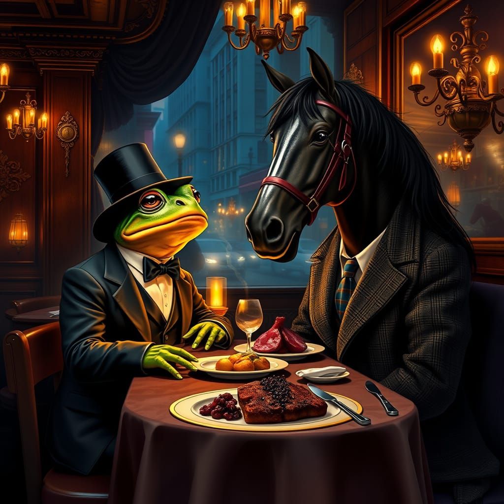 Refined Gentleman Toad and Horse Enjoy Steak and Caviar in E...