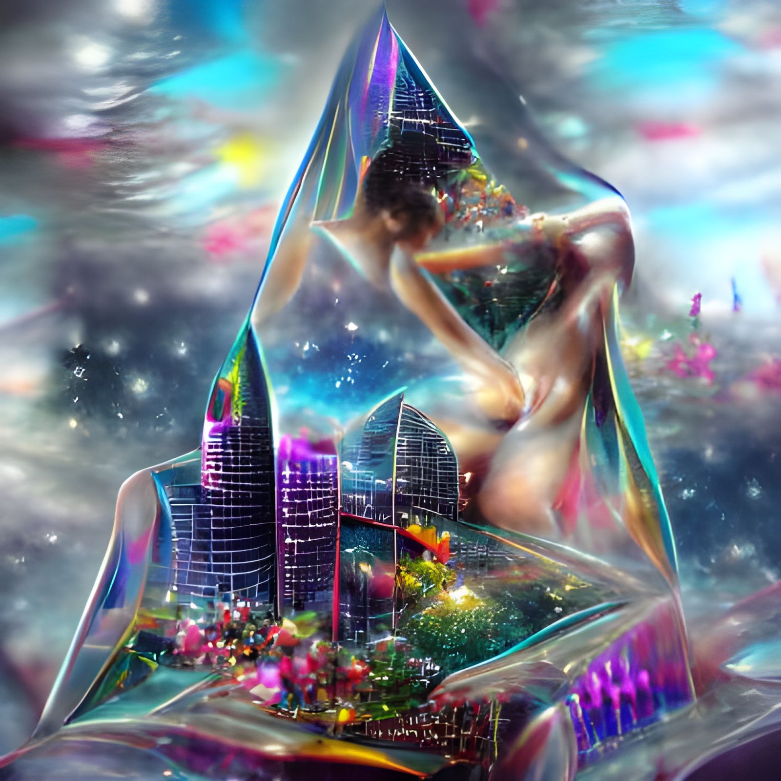 Erotic City Dreamscape: Holographic Astral Illustration