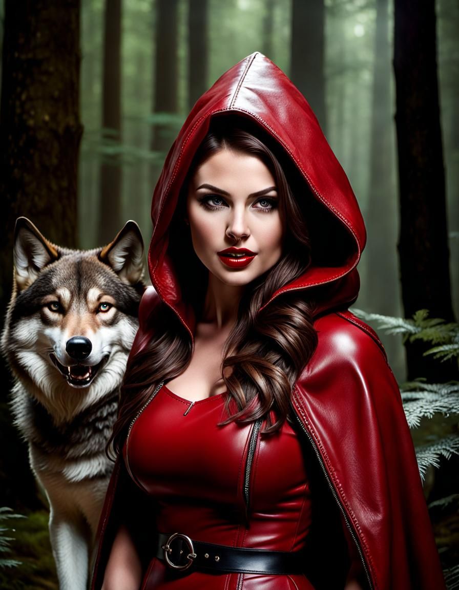 Scary Woman Portrait with Wolf in Dark Forest