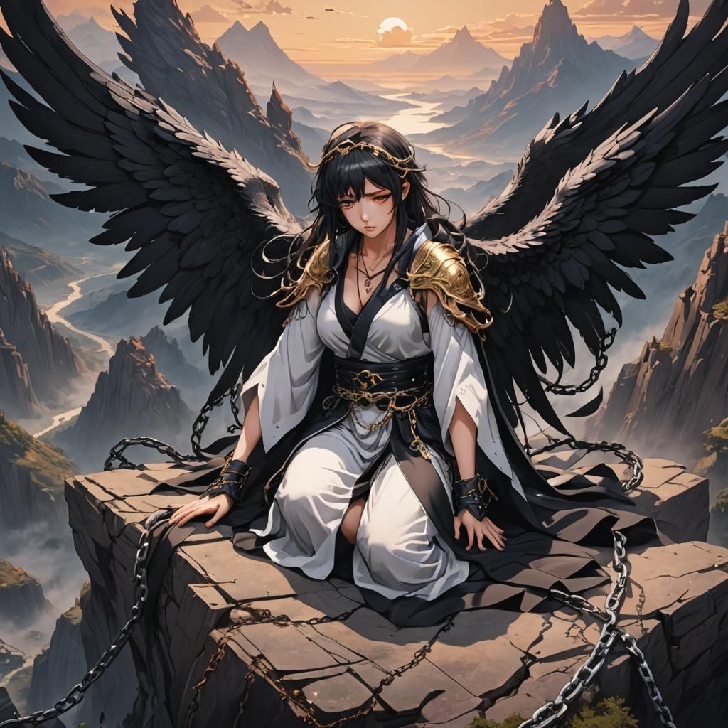 Fallen Angel on Apocalyptic Peak in Anime Style
