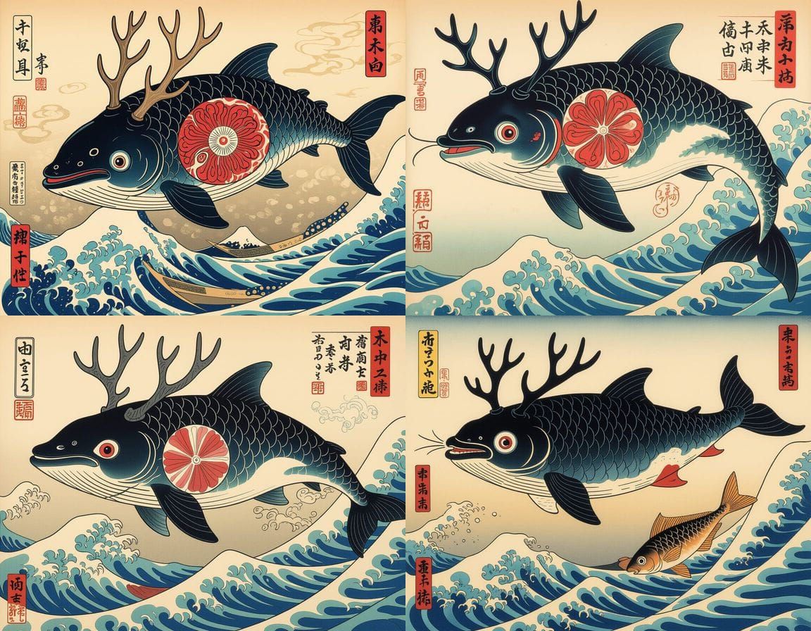Mythical Hybrid Deer Whale in Ukiyo-e Style