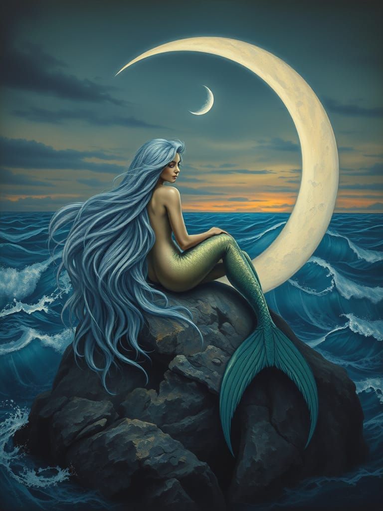 Surreal Mermaid Lounging Under Twilight Sky