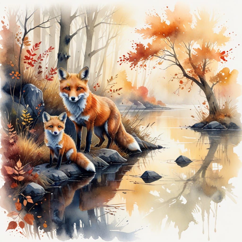 Red Fox and Kit in Autumn Forest Watercolor