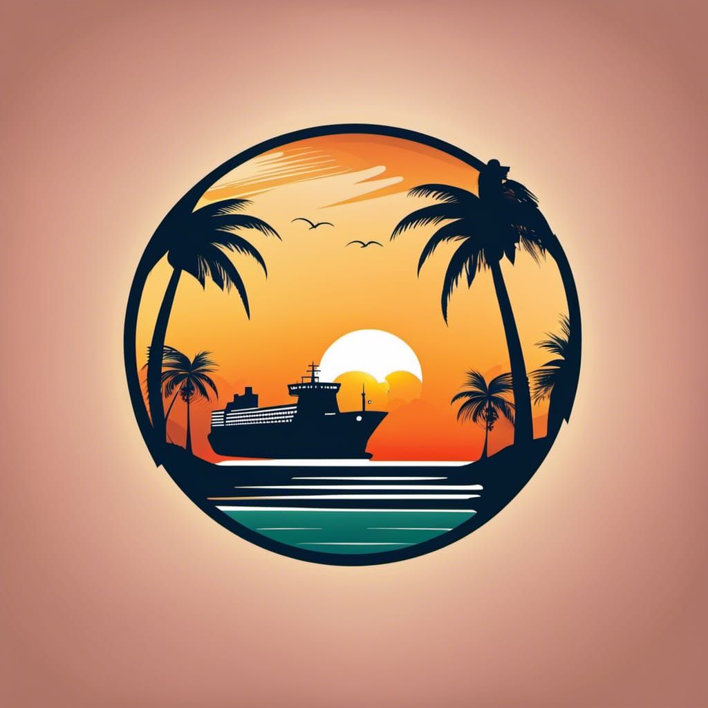 Resort Logo with Cargo Ship and Sunset in Vector Style