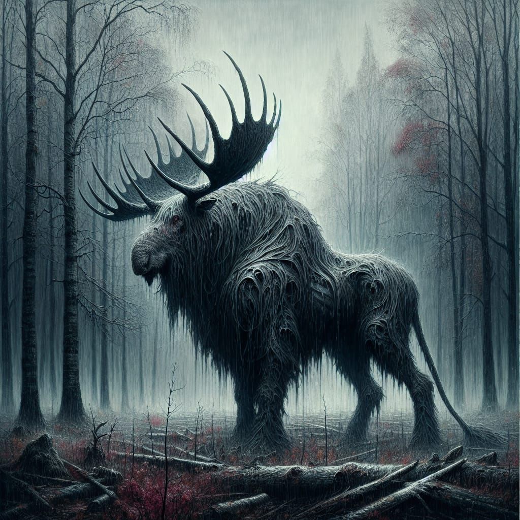 Hybrid Creature in Dreary Forest, Romantic Oil Painting