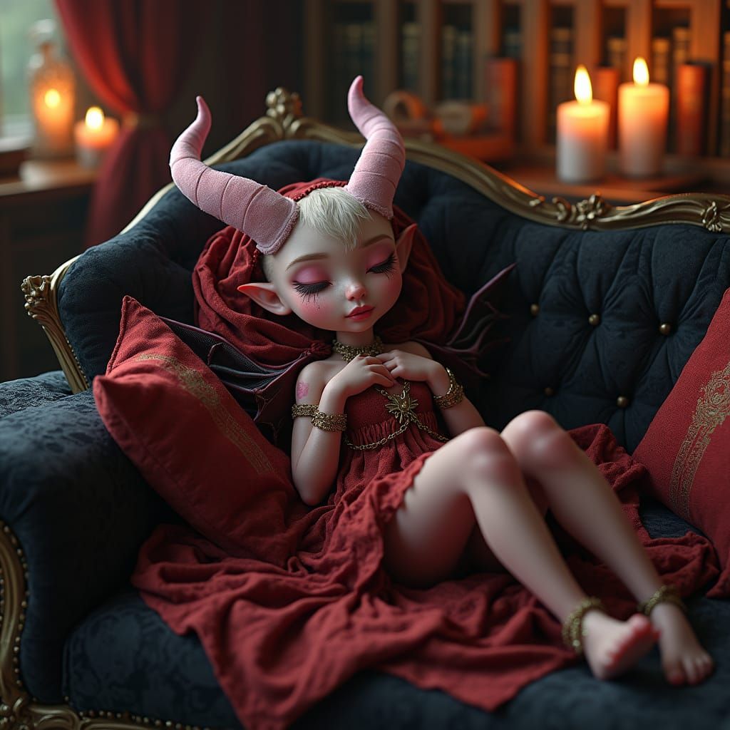 Snuggly Demoness Lounging in Mystical Chamber