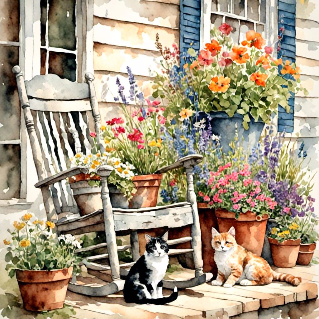Country Porch Cat in Antique Watercolor Style
