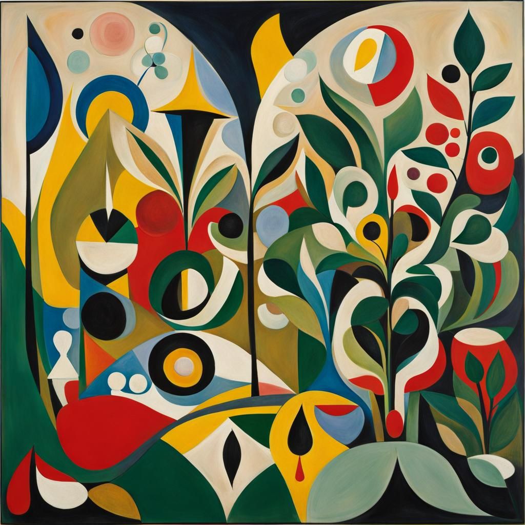 Abstract Garden Scene in Gouache on Canvas