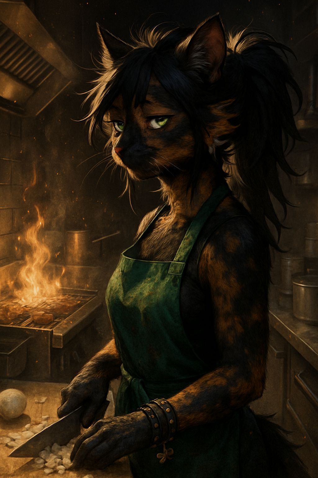 Anime Cat Chef in Restaurant Kitchen Interior