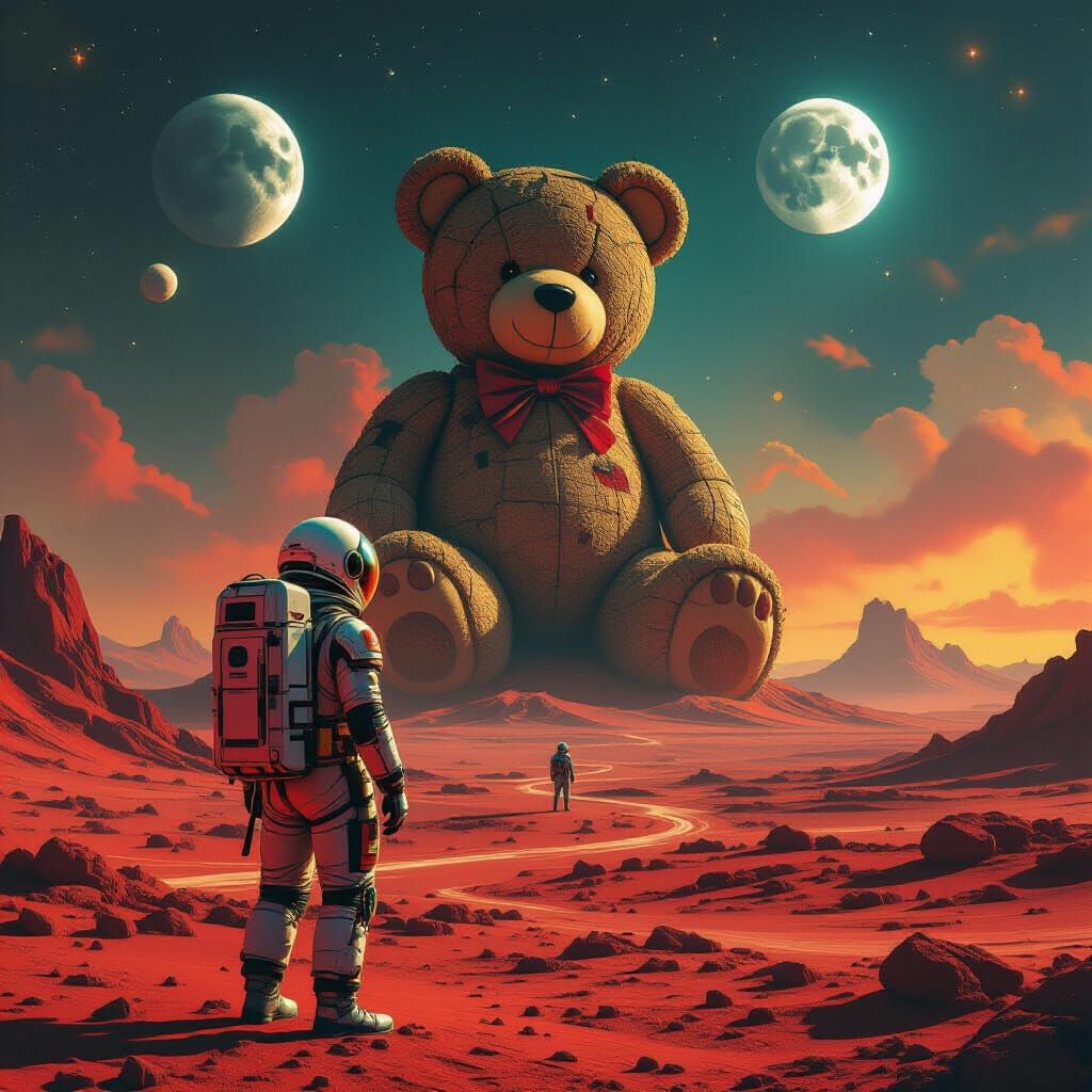 Explorer on Alien Planet with Giant Teddy Bear