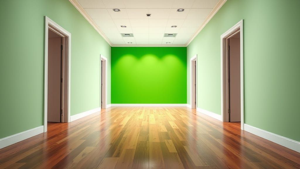 Sleek Modern Television Studio Hallway in Vibrant Green and ...