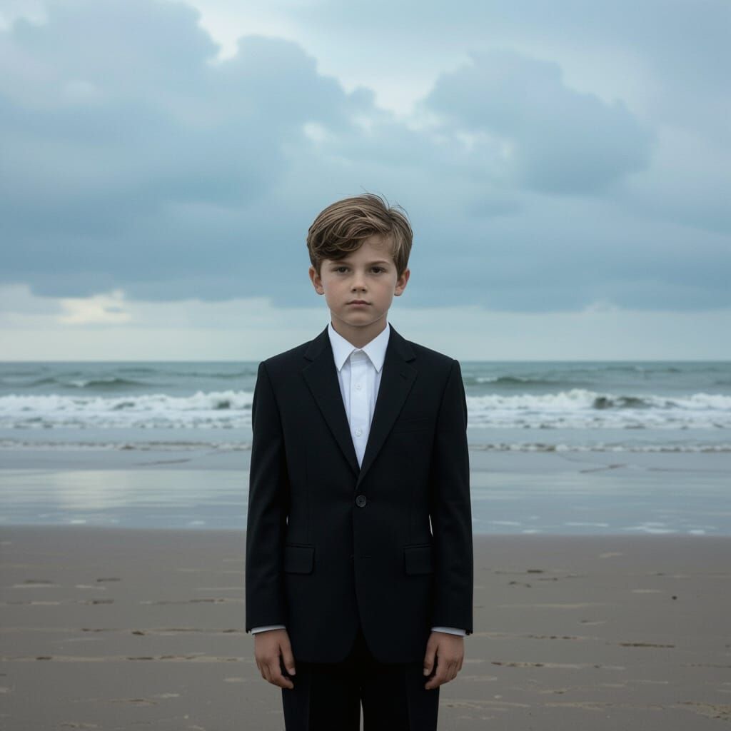 Boy in Black Suit on Windswept Beach