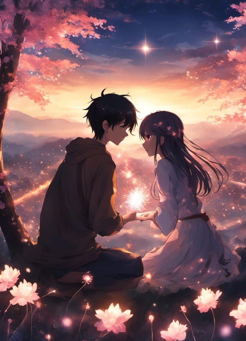 Anime Cat Girl Kiss Under Astral Sunset