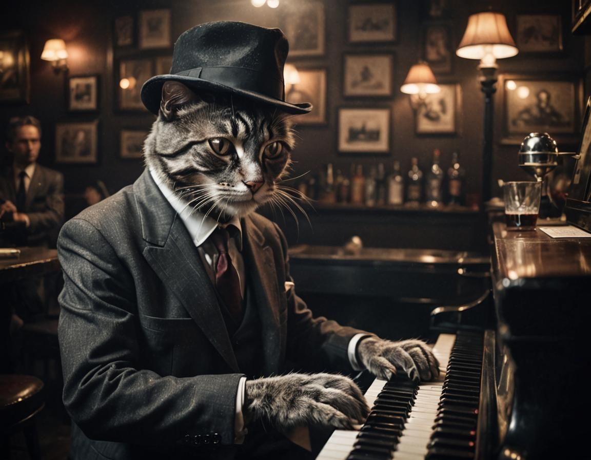 Anthropomorphic Cat Plays Piano in Smokey Jazz Bar