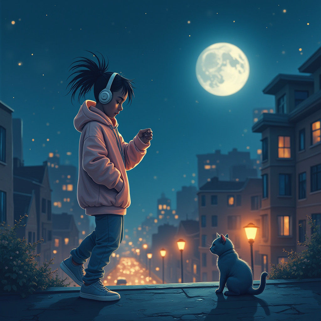 Serene Rooftop Dancer in Moonlit Cityscape