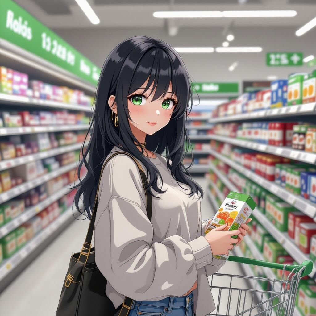 Anime Girl at Grocery Store in 3D Style